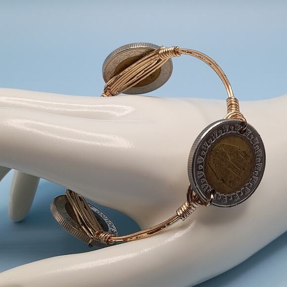 Egyptian One Pound Coin Bangle Bracelet, Three Coins, Wire Wrapped, 7.5 Inches - Picture 6 of 10